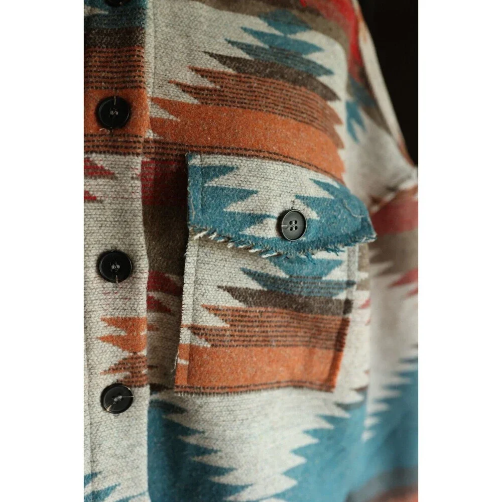 Boho Aztec Tribal Southwestern Print Shacket Yellowstone Shirt Jacket Coat L - Picture 10 of 12